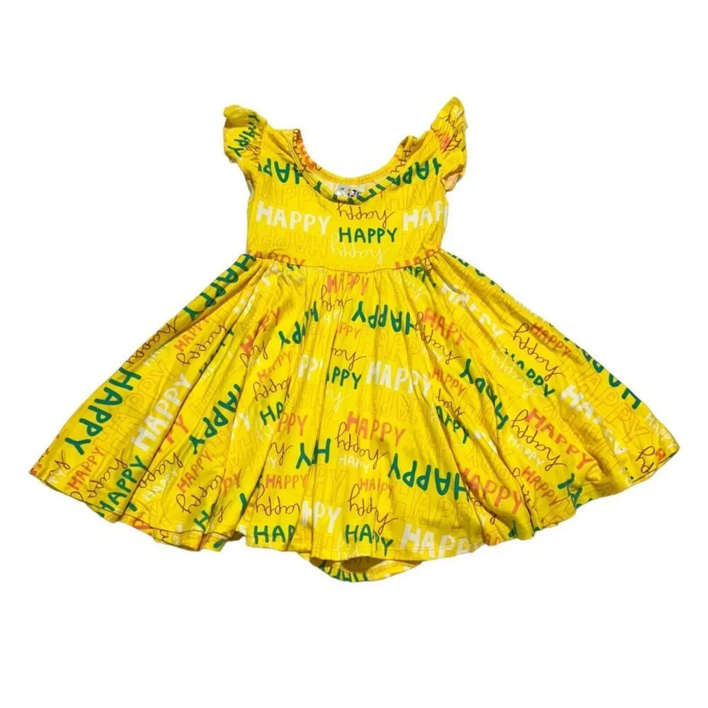 Dot Dot Smile Girls Size 2T Yellow HAPPY‎ Empire Flutter Sleeve Twirl Dress NWT